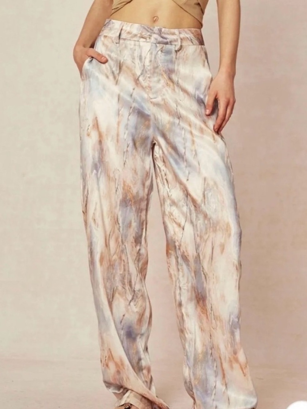Tie-Dye look Satin Wide-Leg Pants in Cream & gray